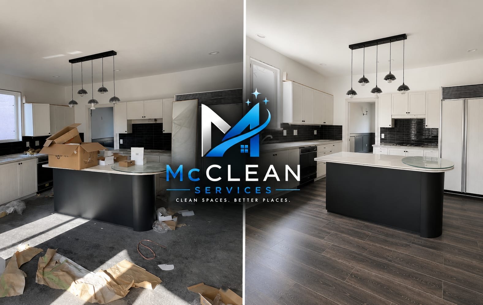 Full kitchen before and after cleaning by McClean Services