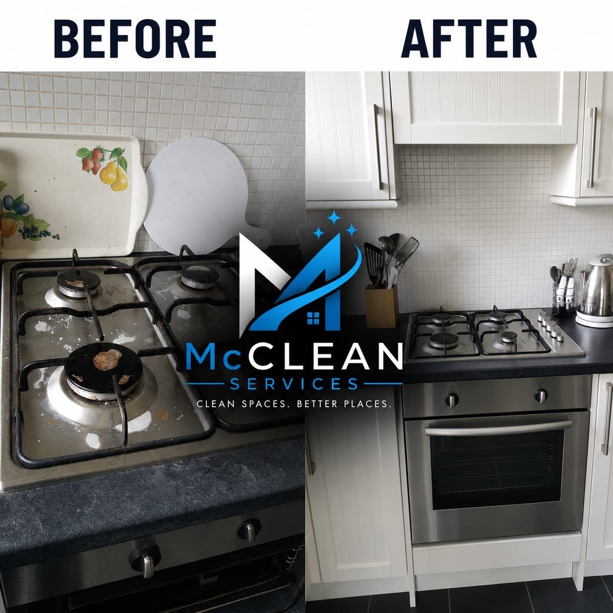 Kitchen hob before and after cleaning by McClean Services