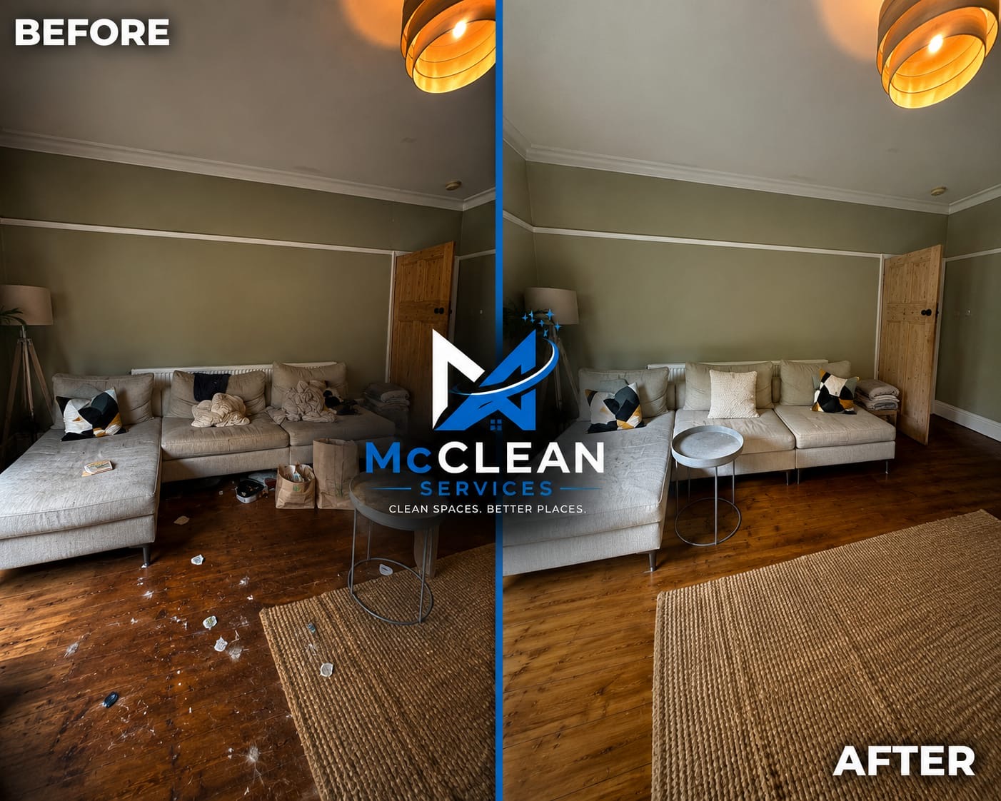 McClean Services living room before and after cleaning