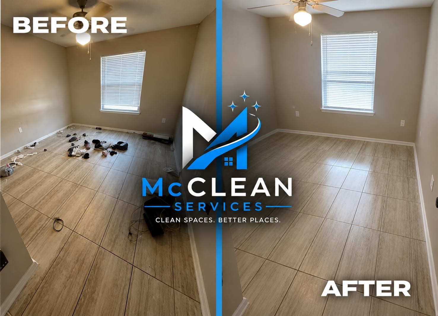 Living room before and after cleaning by McClean Services