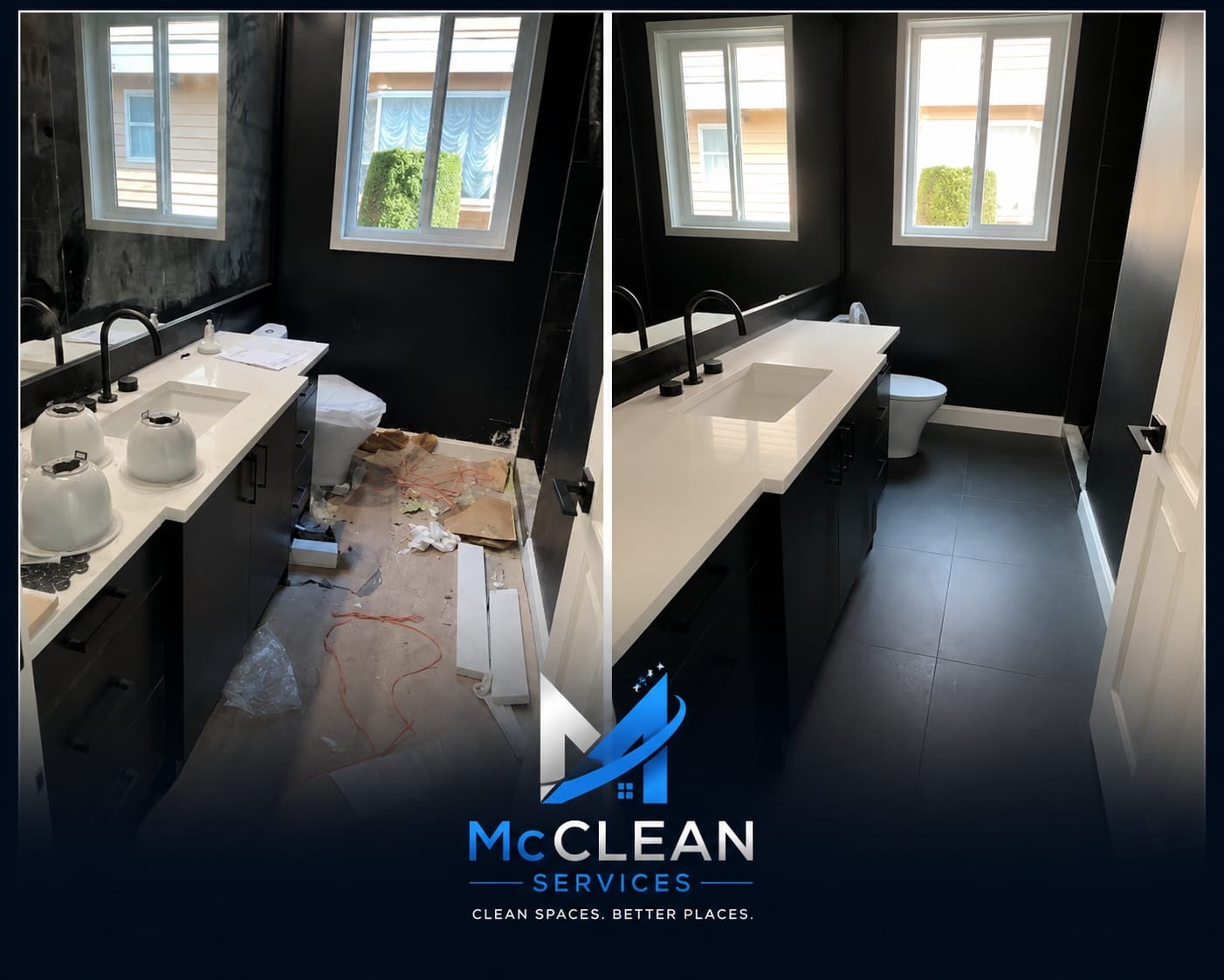 Vanity area before and after cleaning by McClean Services
